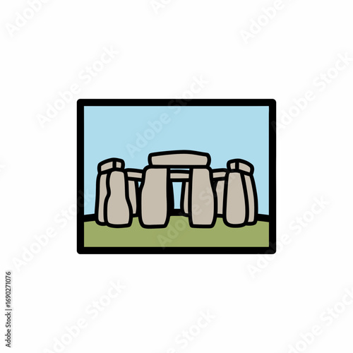 A stylized illustration of Stonehenge, depicting the ancient stone monument against a blue sky.