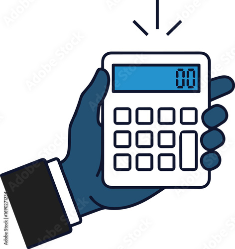 Cartoon vector illustration of hand in suit holding calculator, financial calculation or accounting concept, business and budgeting, flat style design