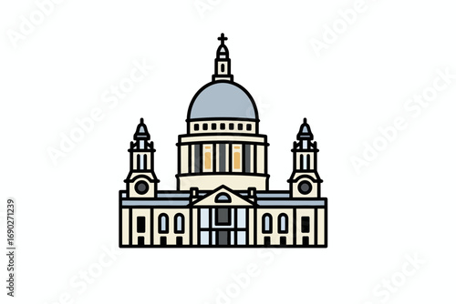 St. Paul's Cathedral illustration with dome, towers, and classic architectural details, presented in a simple, flat design.