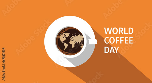 Celebrating the world's favorite drink with a map of the continents in a coffee cup, a concept for a global coffee festival or event