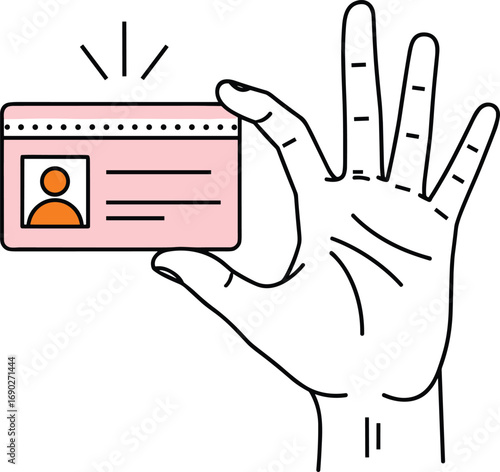 Cartoon vector illustration of hand holding identification card, personal ID, identity verification, or access pass concept in flat style design
