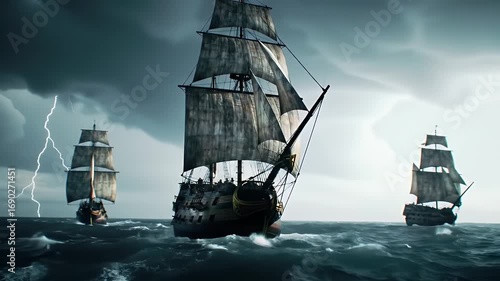 Three Antique Ships Sailing on a Stormy Blue Ocean under Dark Sky in Cinematic Style