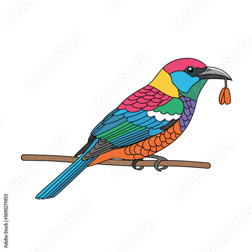 A very colorful bird with bright feathers perched on a thin branch holding food in its beak