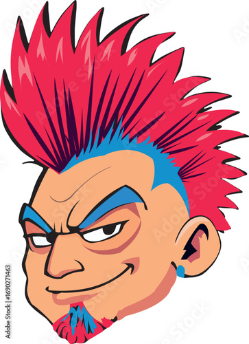 Punk rocker with red mohawk and goatee showing rebellious attitude