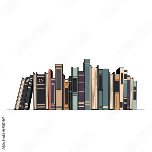 A curved collection of colorful hardback books standing on a white background