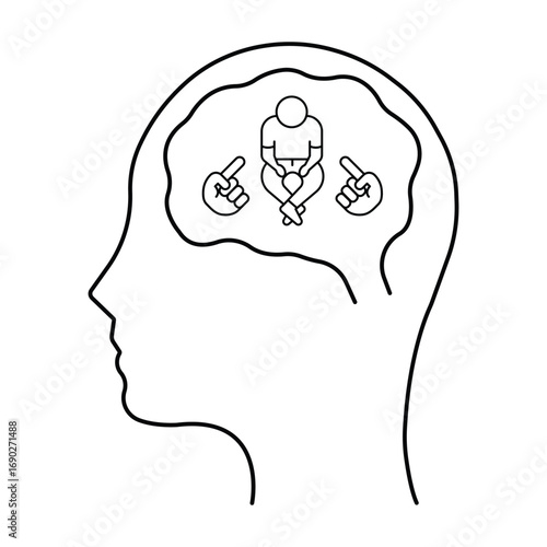 Shame and Guilt Mental Health Icon, Human Head with Judgement Symbol, Vector Illustration, Depression Anxiety Concept, Line Art Style.