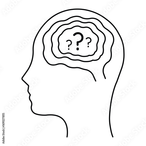 Confusion Mind Icon Vector Illustration, Human Head with Question Marks Inside Brain, Uncertainty Symbol, Psychological Thinking Problem Line Art.
