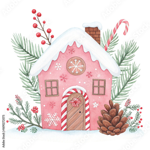 Watercolor illustration of a pastel pink gingerbread house  White Background