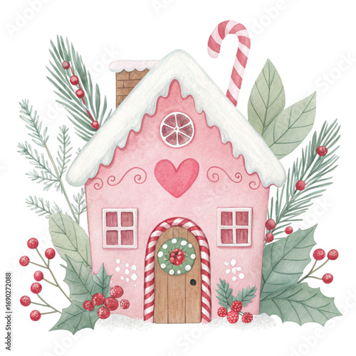 Watercolor illustration of a pastel pink gingerbread house  White Background