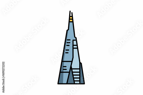 Minimalist illustration of a tall, modern skyscraper with a sharp, pointed apex, set against a plain white background.