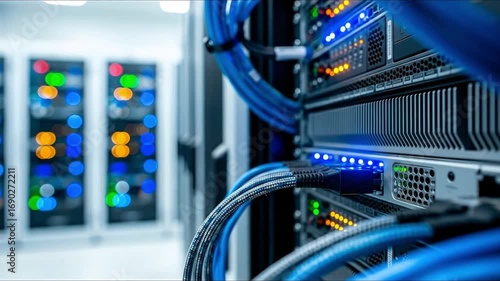 Closeup of blue network cables plugged into rackmounted servers with glowing blue green and orange lights set against a blurred background of more data center racks