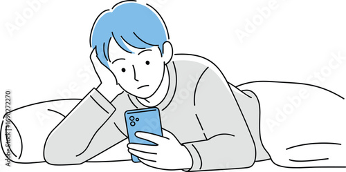 Cartoon vector illustration of blue‑haired person lying in bed using smartphone, relaxed lifestyle, technology use, and daily routine concept in flat style