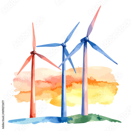 Watercolor illustration of three wind turbines generating clean energy.
