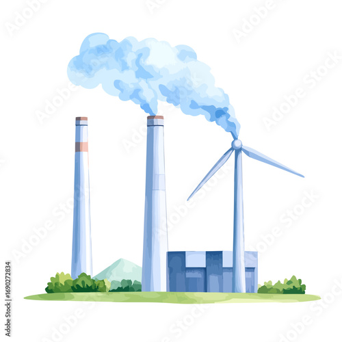 Industrial Power Plant with Smokestacks and Wind Turbine Energy Production Watercolor.