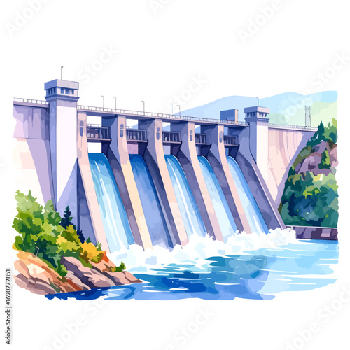 Watercolor painting of a large hydroelectric power dam releasing water.