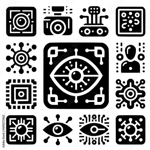professional vector icons representing Artificial Intelligence and Computer Vision, focusing on machine learning, image recognition, neural networks, and visual processing. 