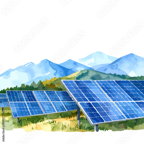 Solar Panels in a Field with Mountains in the Background.