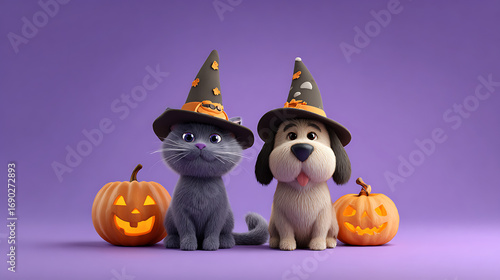 Adorable gray cat and dog wearing Halloween hats beside carved pumpkins on a purple background