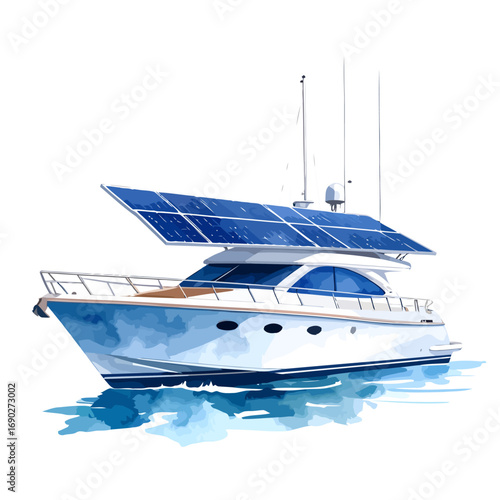Watercolor painting of a modern luxury yacht with solar panels.