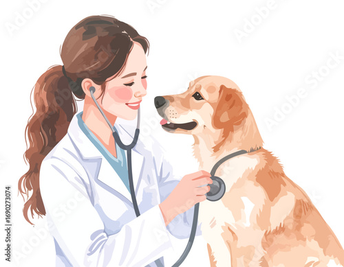 Veterinarian examining a golden retriever dog with stethoscope in clinic.