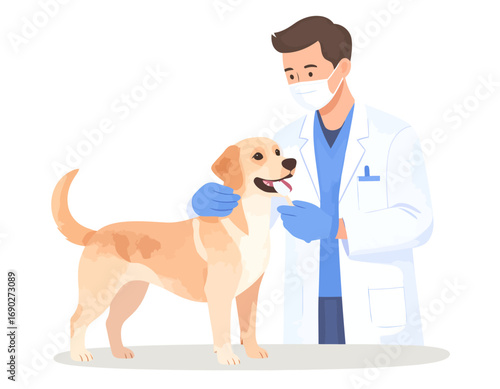 Veterinarian Examining a Golden Retriever Dog with Care.