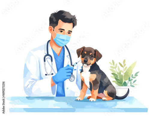 Veterinarian administering injection to puppy.