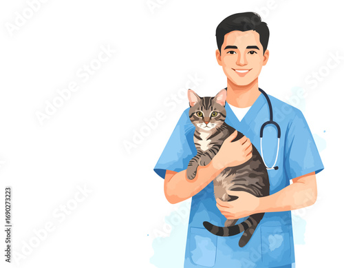Smiling veterinarian holding a tabby cat in his arms, looking at the camera.