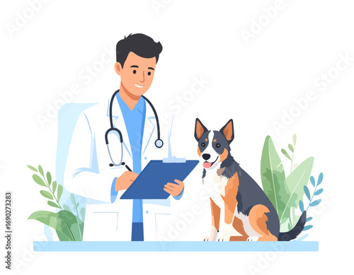 Veterinarian examining a dog during a medical checkup in clinic.