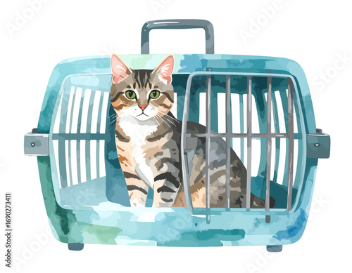 Tabby Cat in Blue Pet Carrier Ready for Travel.