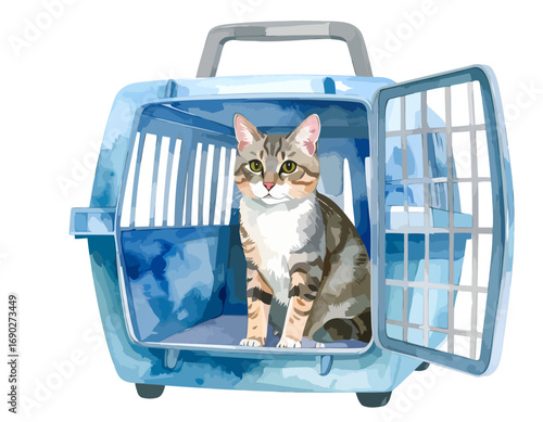 Cute tabby cat inside a light blue pet carrier.