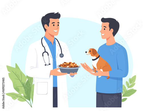 Veterinarian Recommending a Healthy Diet for a Small Dog.
