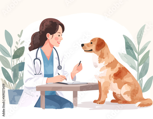 Veterinarian examining a golden retriever dog during a checkup in clinic.