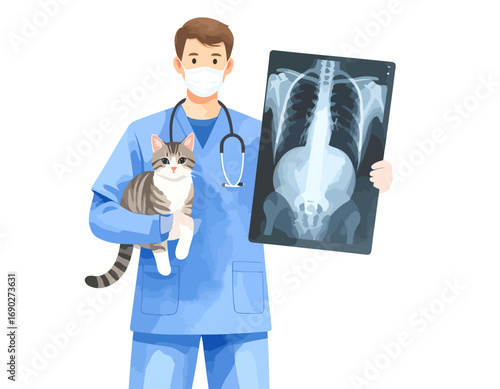 Veterinarian examining cat with Xray for pet health checkup and diagnosis.