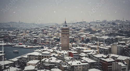Snowy Galata Tower and Istanbul Cityscape.