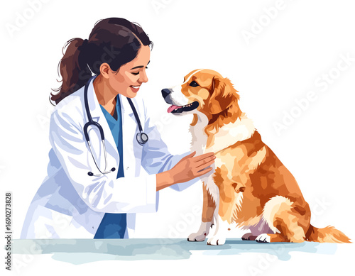 Veterinarian examining a happy dog.