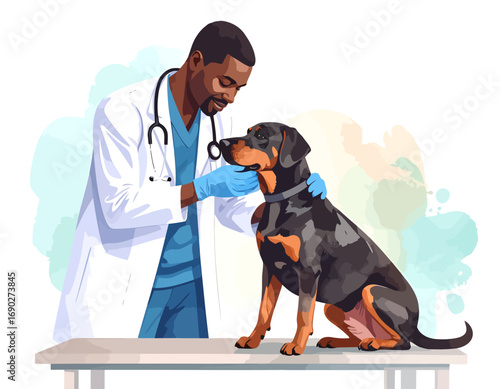 Veterinarian examining a Rottweiler dog on a table.