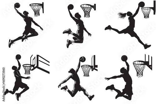 set of silhouette basketball player slamdunk