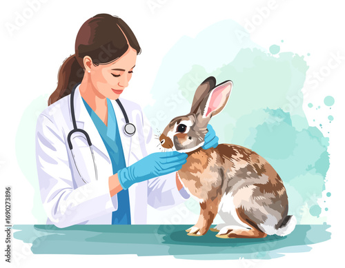 Female veterinarian in a white coat examining a pet rabbit.
