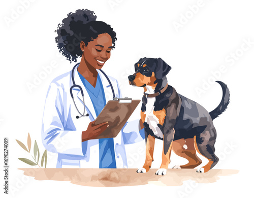 Veterinarian examining a dog during a medical checkup in a clinic setting.