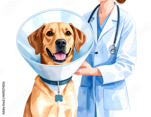 Happy dog in protective cone with caring veterinarian during recovery.