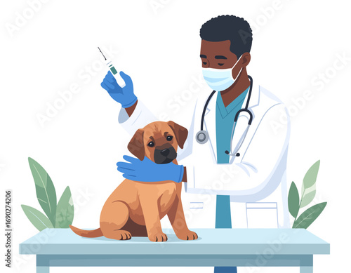 Veterinarian giving a vaccine shot to a cute puppy on a table.
