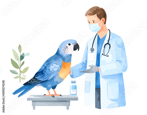 Parrot receiving veterinary care from a doctor.
