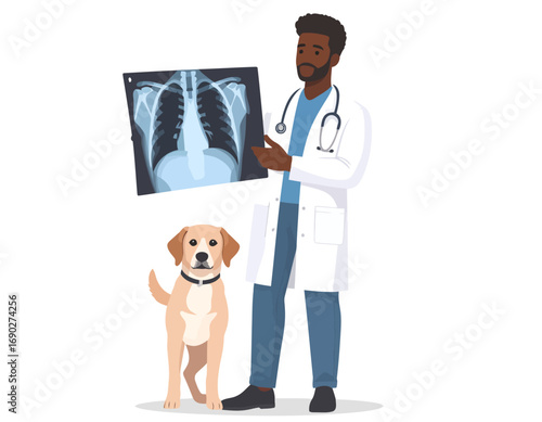 Black male veterinarian holding a chest x-ray next to a dog.