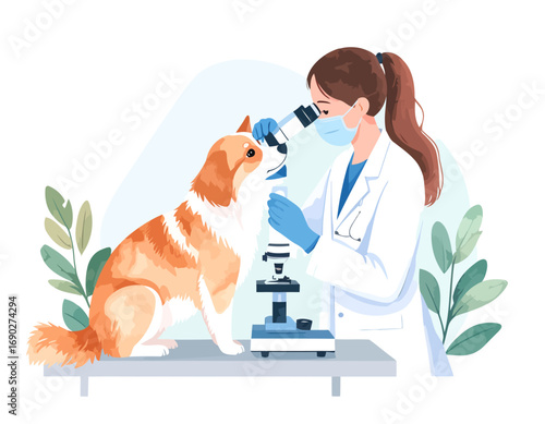 Veterinarian examining a dog with a microscope.