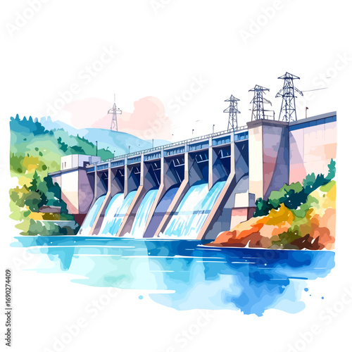 Hydroelectric dam illustration showcasing water flowing and power generation.