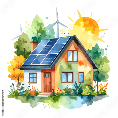 Watercolor eco friendly house with solar panels and wind turbines in a vibrant green landscape.