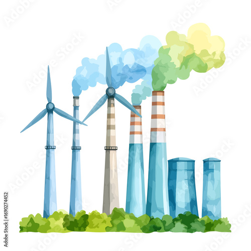 Wind Turbines and Industrial Smokestacks Representing Energy Production.