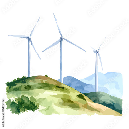 Watercolor illustration of three wind turbines on a green hill.