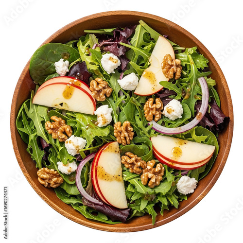 Photo of a delicious and healthy apple walnut salad with goat cheese and red onion, presented in a rustic wooden bowl, perfect for a light meal or side dish isolated on transparent background