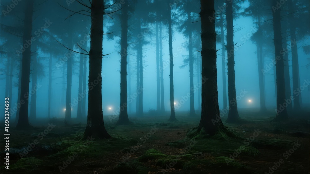 Obraz premium Mist-Shrouded Forest with Various Paths Illuminated by Atmospheric Lighting, Mystical and Serene Landscape